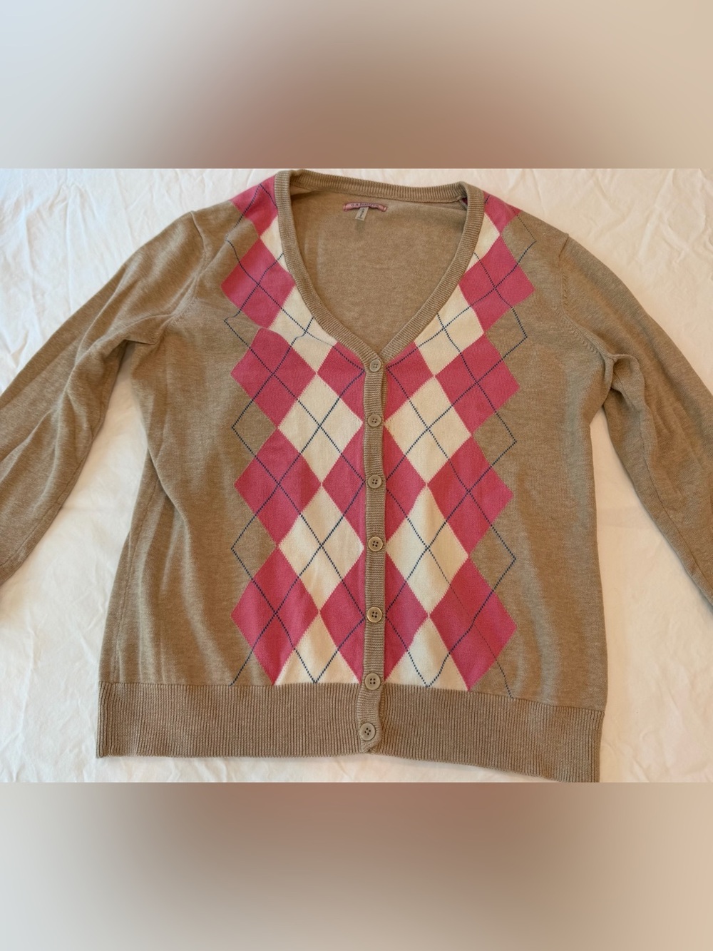 Vintage Y2K G.H. Bass Argyle Cardigan L 100% Cotton Pink Tan Preppy Sweater - Picture 2 of 7